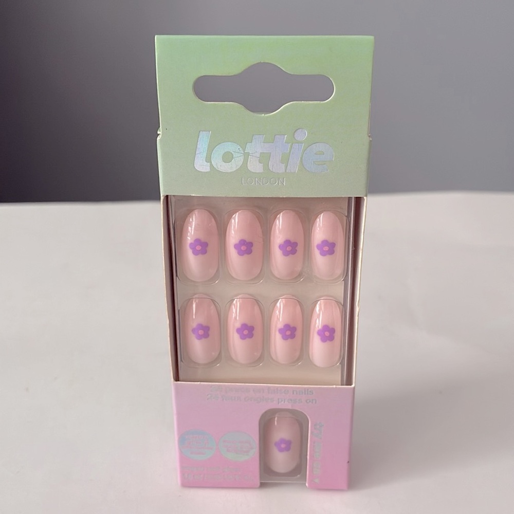 4/$20 Lottie London Purple Flower Press-On False Nails – 24 Count